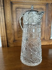 Vintage Diamond-Point Cut Glass Claret Jug / Carafe with Silver-Plated Lid and Handle