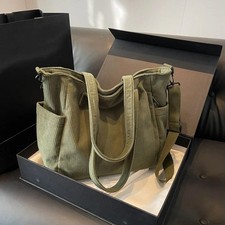 Green Corduroy-Textured Tote Bag with Gold Script Nameplate — listing 6