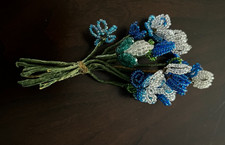 Vintage 1930s French Beaded Iris Flower, Blue Glass Seed Beads with Green Bud, 6 in. Long