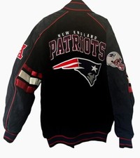 Vintage 1990s NFL New England Patriots Black and Blue Suede Leather Varsity Bomber Jacket — listing 4