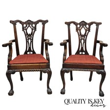 Vintage Chippendale-Style Carved Wood Dining Armchair with Shell Crest and Coral Velvet Seat — listing 4