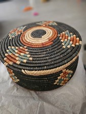 Vintage Coiled Lidded Basket with Geometric Diamond Motif — listing 4