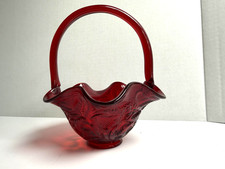 Vintage Ruby Red Glass Pinch-Sided Basket with Applied Clear Twist Handle