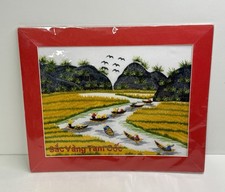 Vietnamese Hand-Embroidered Silk Art Panel, Water Buffalo in Rice Paddy, Framed — listing 5
