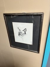 Framed Sumi-e Style Ink Print of a Curled Sleeping Siamese Cat with Red Seal — listing 4