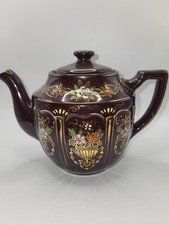 Vintage Japanese Redware Teapot Brown Glaze Gold Hand-Painted Floral — listing 4