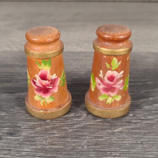 Vintage Wooden Salt & Pepper Shaker Set Green Blue Floral Decal — listing 6
