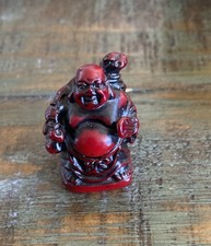 Vintage Laughing Buddha Figurine Holding Sack and Ruyi Scepter, Red Resin/Cinnabar-Style, ~4 inches — listing 6