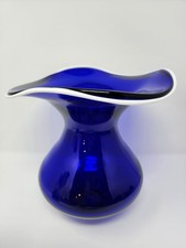 Cobalt Blue Hand-Blown Art Glass Trumpet Vase with Ruffled Fluted Rim and Clear Applied Foot — listing 2