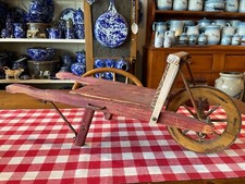 Antique Primitive Wooden Wheelbarrow in Original Blue Paint with Spoked Wooden Wheel — listing 5