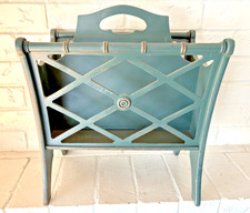 Vintage Bamboo & Rattan Magazine Rack with Painted Pine Tree Sunset Panel