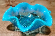 Blue Opalescent Ruffled Footed Vase with Block/Plaid Pattern