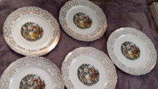 Vintage 22 KT Gold Decorated Cabinet Plate with Colonial Courting Couple Scene