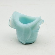 Blue Opalescent Beaded Drape Pattern Footed Toothpick Holder / Miniature Vase with Ring Stem