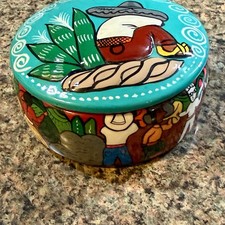 Mexican Redware Pottery Vase with Hand-Painted Black Bird and Floral Motifs