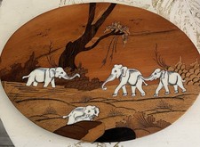 Marquetry Wood Inlay Wall Panel Depicting Elephants in a Jungle Landscape — listing 6