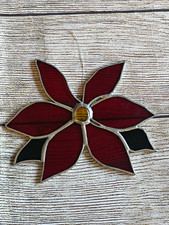 Vintage Stained Glass Style Poinsettia Round Trivet with Silver Metal Frame — listing 3