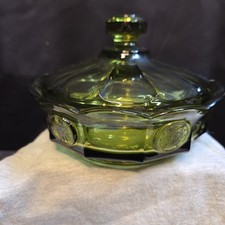Fostoria Coin Glass Olive Green Footed Compote — listing 6