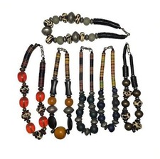 Vintage Tribal Trade Bead Necklace with Bone, Wood, Amber-Resin and Silver-Tone Beads