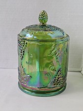 Vintage Avocado Green Pressed Glass Footed Vase with Grape & Leaf Pattern — listing 6