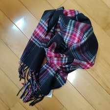 100% Cashmere Scarf, Made in Scotland, Pink Cream Purple Green Multi-Stripe, Fringed, listing 6