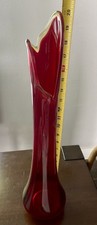 Mid-Century Ruby Red Swung Glass Stretch Vase, Ribbed Panels — listing 2
