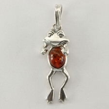Silver-Tone Figural Frog Pendant Necklace with Faux Amber Cabochon on Black Organza Ribbon Cord — listing 4