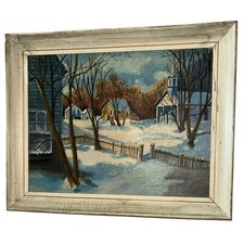 Large Framed Oil Painting of Victorian Village Scene with Cottages and Autumn Trees