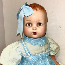 Vintage 1930s-40s Composition Doll with Sleep Eyes, Black Mohair Wig, Floral Dress and Straw Hat — listing 3