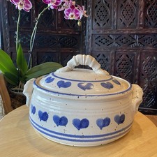 Studio Pottery Handled Soup Crock with Blue Floral & Heart Design