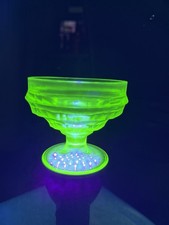 Vaseline Uranium Glass Footed Sherbet Cup, Yellow Block Optic Pattern — listing 2
