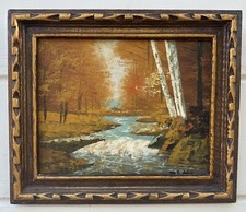 Vintage Framed Oil Painting on Canvas, River Landscape with Birch Trees and Distant Mountains — listing 6