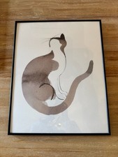 Framed Sumi-e Style Ink Print of a Curled Sleeping Siamese Cat with Red Seal