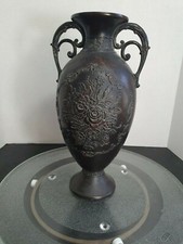 Vintage Japanese Style Hexagonal Floor Vase with Bronze Handles and Dried Floral Arrangement — listing 5
