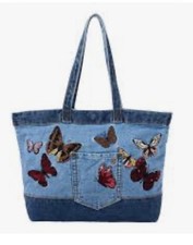 Handmade Denim Tote Bag with Embroidered Hummingbird & Floral Design, Floral Lining, 12 x 13 in, listing 2