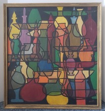 Original Impressionist Still Life Oil Painting - Wine Bottles, Decanter and Glasses