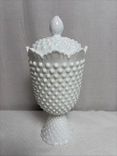 Pair of Vintage Hobnail Milk Glass Hurricane Table Lamps with Ruffled Shades and Ornate Metal Bases — listing 5
