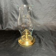 Vintage Brass Table Lamp with Blue Frosted Cut-Glass Hurricane Shade and Clear Chimney — listing 2