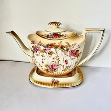 Antique Victorian Blushware Teapot with Matching Stand, Art Nouveau Form, Pink Rose Transfers & Gilt — listing 6