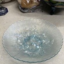 Ice Blue Carnival Glass Ruffled Bowl with Grape & Cable Pattern