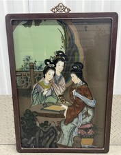 Chinese Reverse Glass Painting of a Beauty at a Window with Magpies and Prunus, Lacquered Frame — listing 5