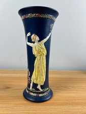 Weller Pottery Blue Ware Chase Triple Bud Vase, 8.5 inch, Cameo Horse & Rider Relief — listing 6