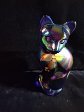 Fenton Blue Carnival Glass Sitting Cat Figurine with Hand-Painted Daisies — listing 5