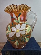 Iridescent Green Carnival Glass Tall Pitcher with Floral Relief — listing 6