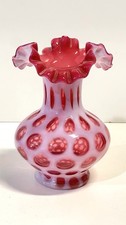 Pair of Vintage Fenton French Opalescent Coin Dot Boudoir Lamps with Ruffled Hurricane Shades and Brass Bases — listing 6