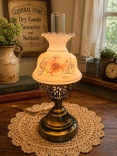 Vintage Brass Table Lamp with Blue Frosted Cut-Glass Hurricane Shade and Clear Chimney — listing 4
