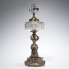 Antique Figural Newel Post / Table Lamp — Seated Classical Maiden Reading, with Ruffled Frosted Glass Shades Metal — listing 6