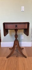 Duncan Phyfe Style Mahogany Drop Leaf Pedestal Side Table with Drawer