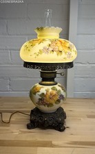 Vintage Gone with the Wind Style Electrified Parlor Lamp with Hand-Painted Roses, Ornate Brass Base and Glass Chimney