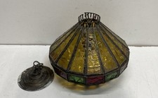 Vintage Mid-Century Tiered Stained Slag Glass Pagoda Pendant Chandelier with Amber Crystal Prisms — listing 6